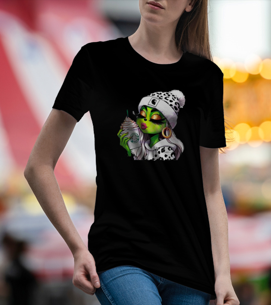 Grinchmas Blend Leopard Girl With Winter Leopard Beanie And Coffee Cup T-Shirt