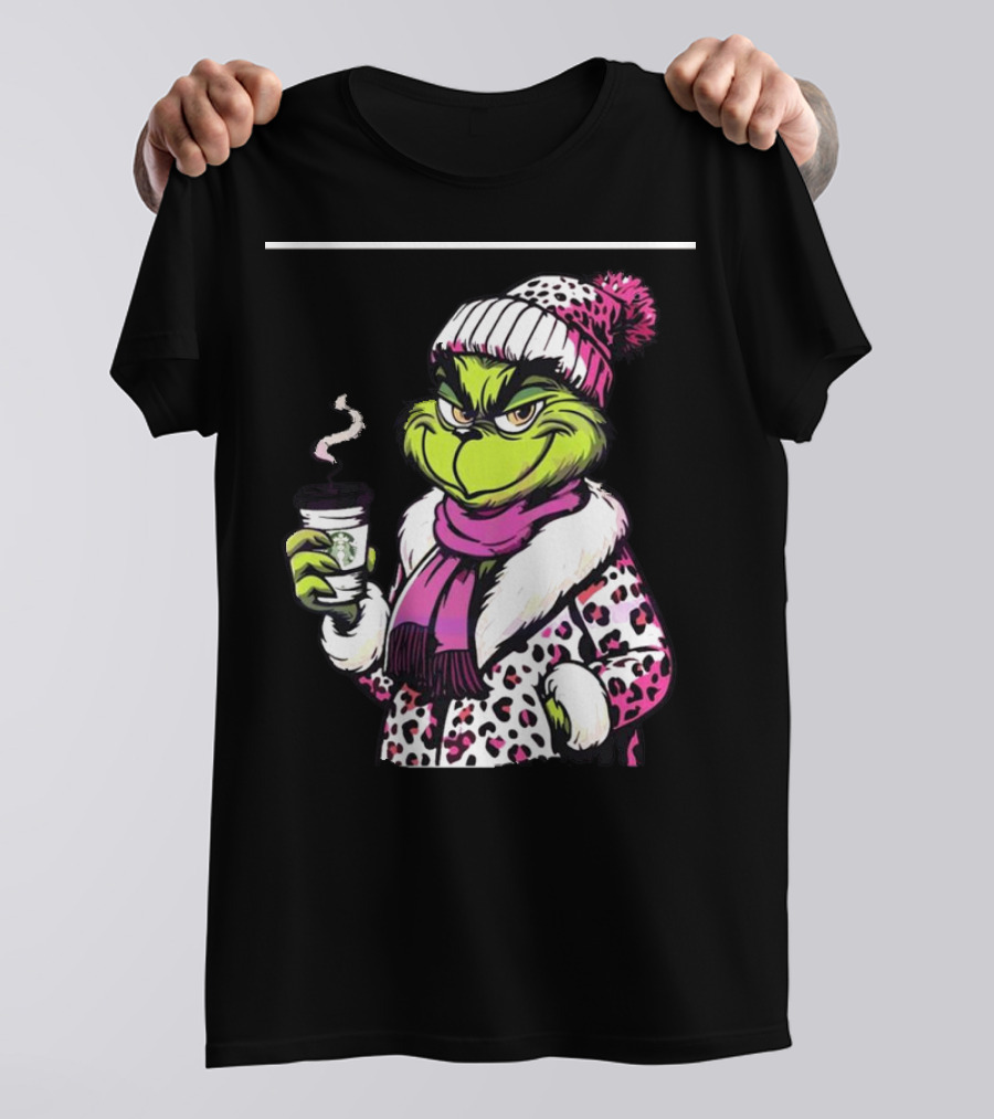 Grinchy And Bougie In Pink Leopard With Coffee Cup T-Shirt