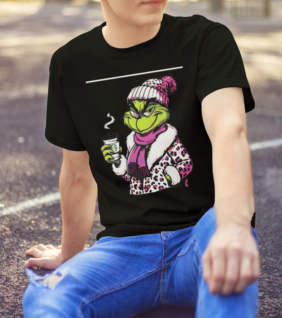 Grinchy And Bougie In Pink Leopard With Coffee Cup T-Shirt