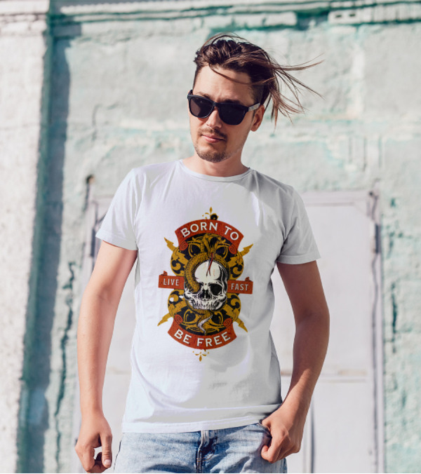 Born To Be Free Live Fast Skull With Snake And Ornate T-Shirt