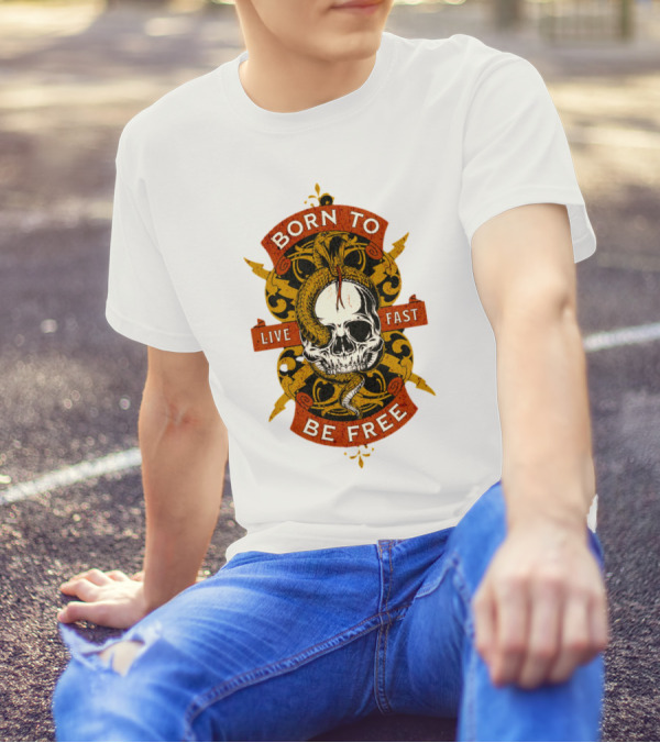 Born To Be Free Live Fast Skull With Snake And Ornate T-Shirt