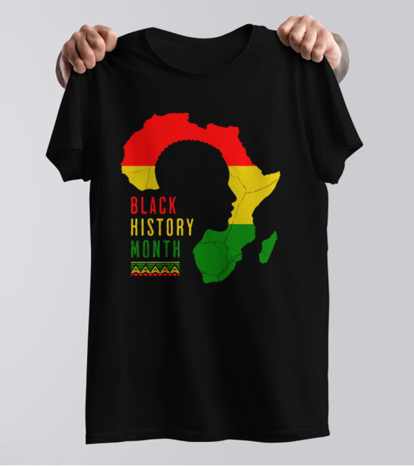 Black History Month African Continent Map With Red Yellow Green Colors And Afro T-Shirt
