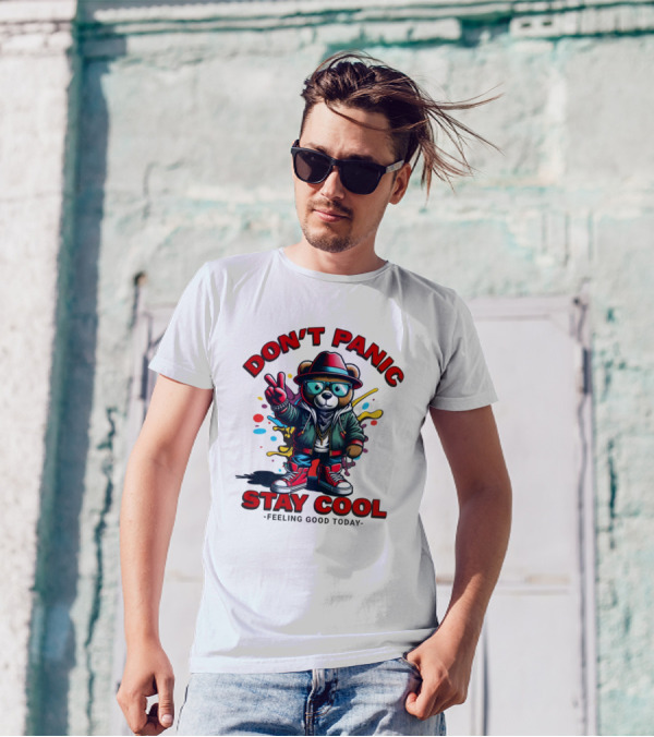 Don't Panic Stay Cool Feeling Good Today Bear With Peace Sign T-Shirt