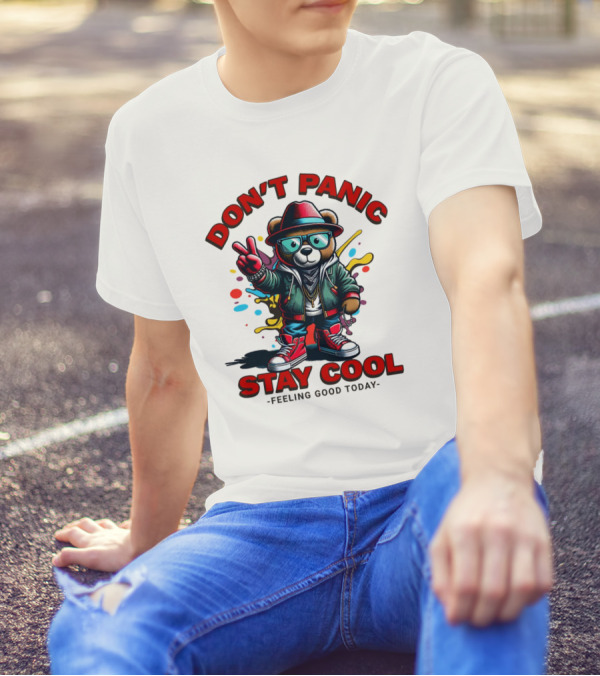 Don't Panic Stay Cool Feeling Good Today Bear With Peace Sign T-Shirt