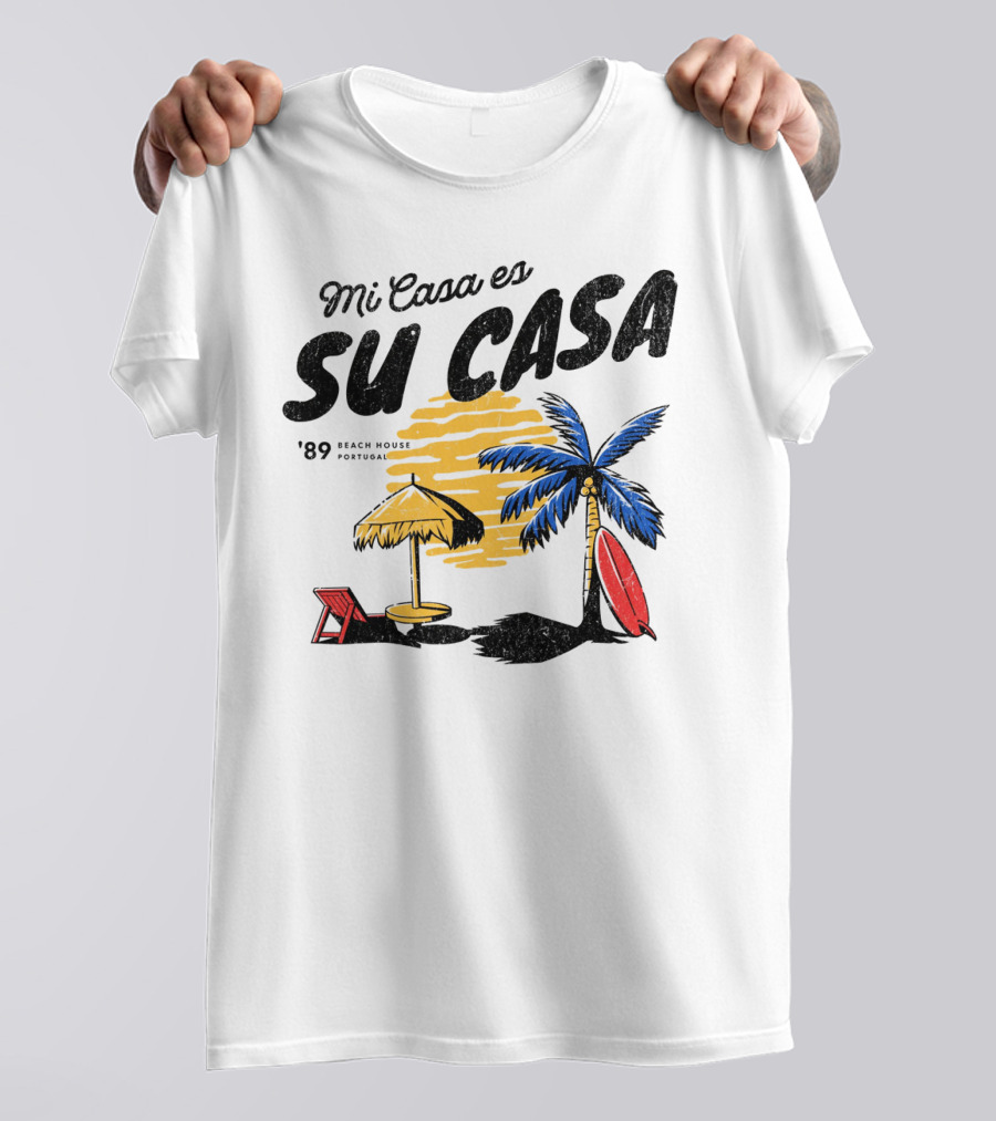 Mi Casa Es Su Casa '89 Beach House Portugal Palm Tree Umbrella Chair Surfboard T-Shirt