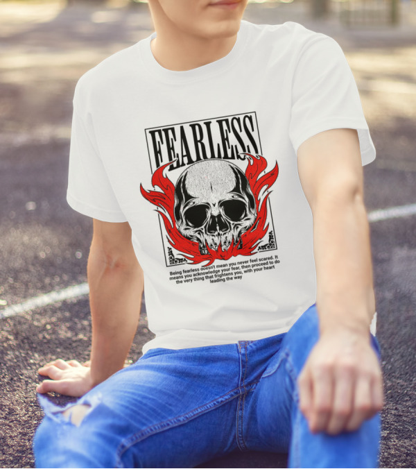 FEARLESS Skull With Red Flames Street Wear T-Shirt