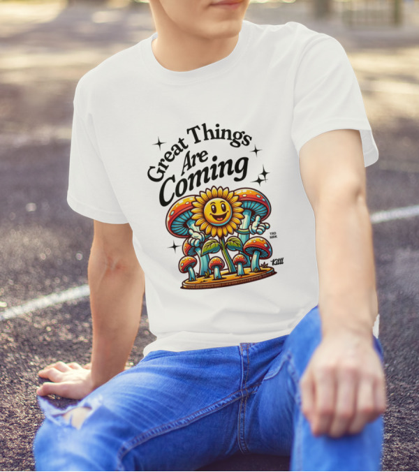 Great Things Are Coming Sunflower With Colorful Mushrooms And Stars T-Shirt