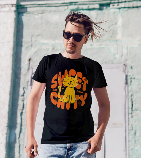 Cute Funny Sweet Cat Happy Yellow Cat With Paw Prints T-Shirt