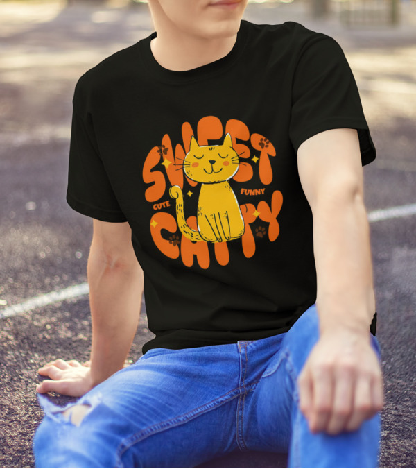 Cute Funny Sweet Cat Happy Yellow Cat With Paw Prints T-Shirt