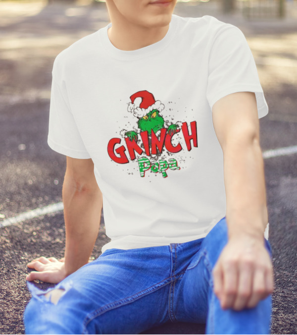 Grinch Christmas Papa Theme With Santa Hat T-Shirt