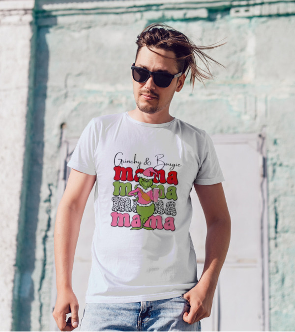 Grinchy And Bougie Mama Christmas With Festive Grinch Holding Champagne T-Shirt