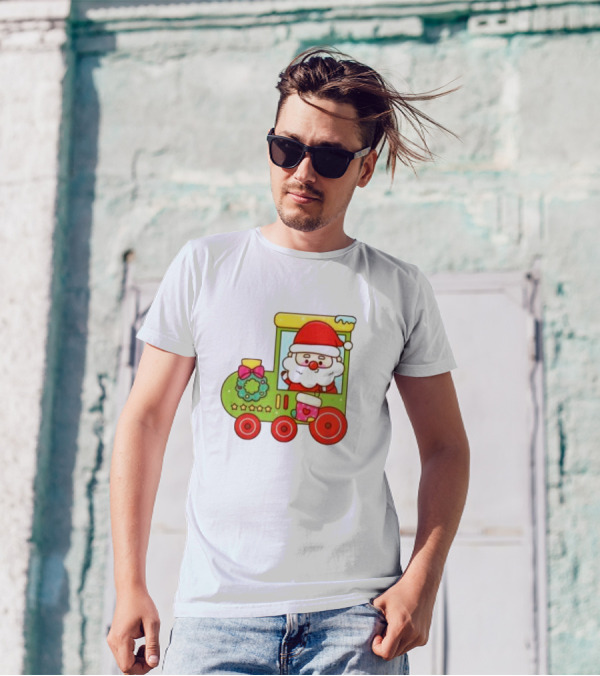 Santa Cute Christmas Train With Wreath And Stars T-Shirt