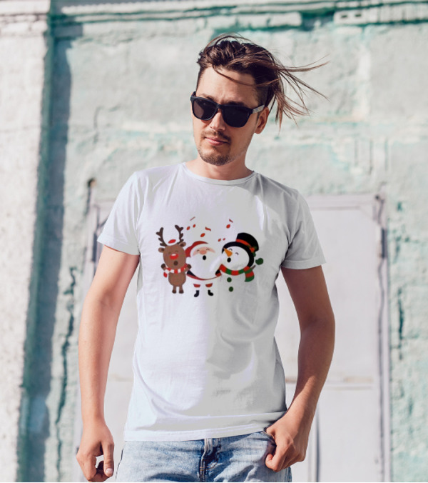Santa Reindeer And Snowman Singing Christmas Carols Together T-Shirt
