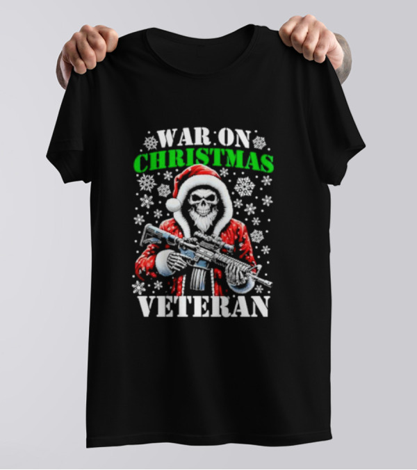 War On Christmas Veteran Skeleton Santa Snowflakes Rifle T-Shirt