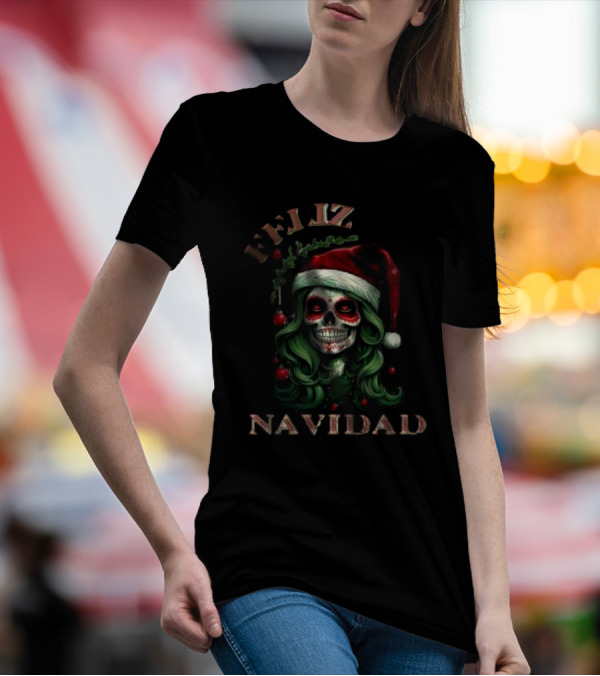 Feliz Navidad Skull Santa Hat Merry Christmas T-Shirt