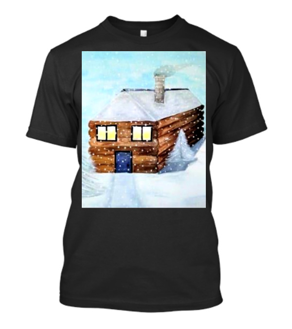 Snowy Log Cabin Christmas Scene With Snowfall T-Shirt