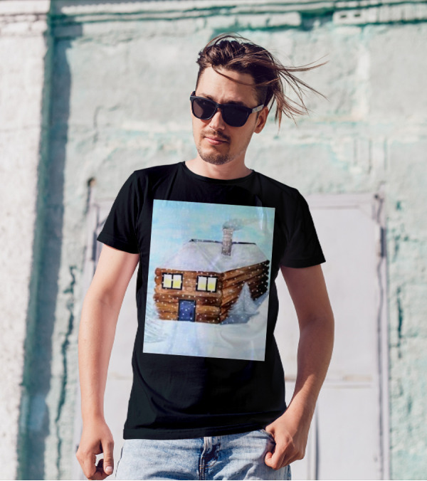 Snowy Log Cabin Christmas Scene With Snowfall T-Shirt