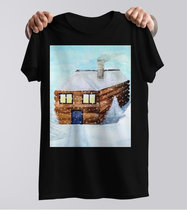 Snowy Log Cabin Christmas Scene With Snowfall T-Shirt