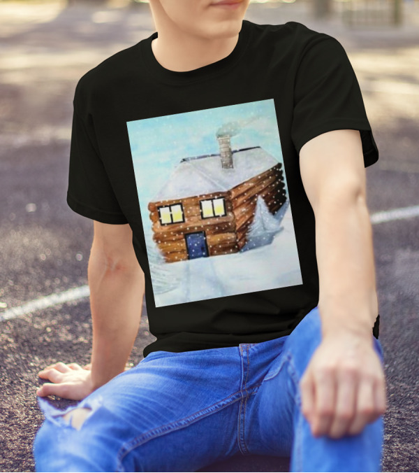 Snowy Log Cabin Christmas Scene With Snowfall T-Shirt