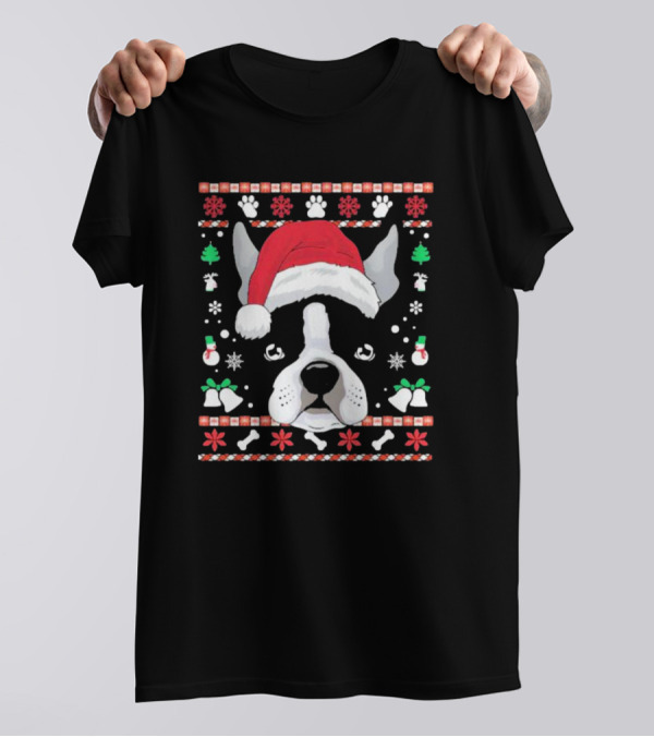 Ugly Christmas Boston Terrier In Santa Hat With Snowflakes And Paw Prints T-Shirt