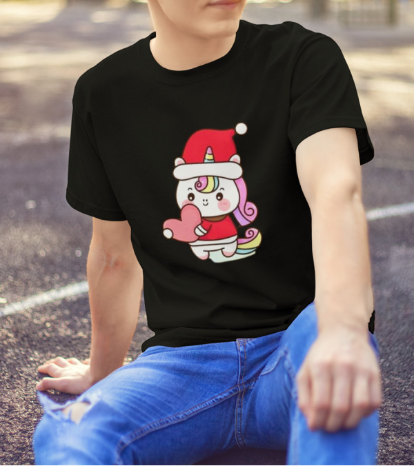 Unicorn Santa Hat Heart Christmas T-Shirt