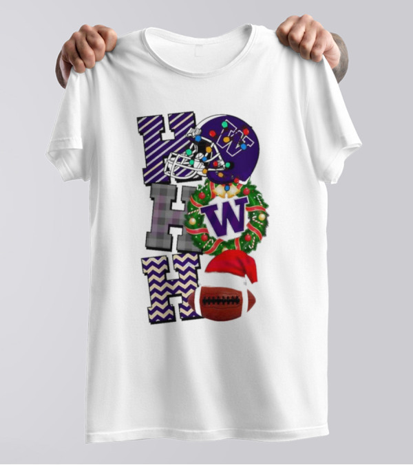 Washington Huskies Football Christmas Ho Ho Ho Festive Sports Helmet Wreath T-Shirt