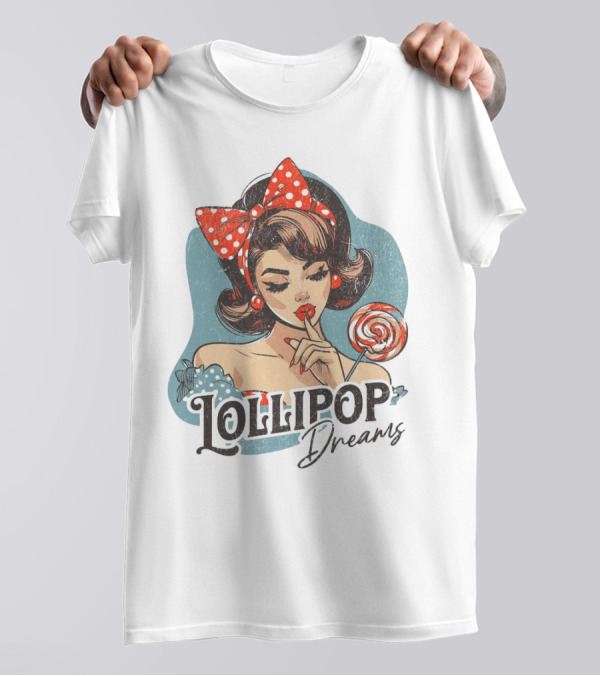 Lollipop Dreams Vintage Style Pinup Woman With Lollipop And Red Bow T-Shirt
