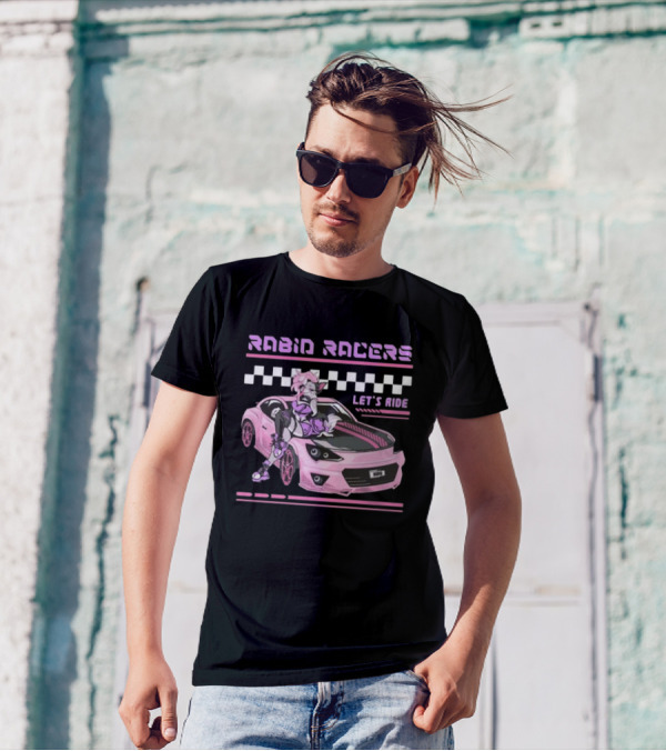 Rabid Racers Let’s Ride Pink Anime Style Racer Girl With Wufu License Plate T-Shirt