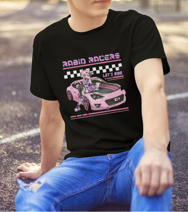 Rabid Racers Let’s Ride Pink Anime Style Racer Girl With Wufu License Plate T-Shirt