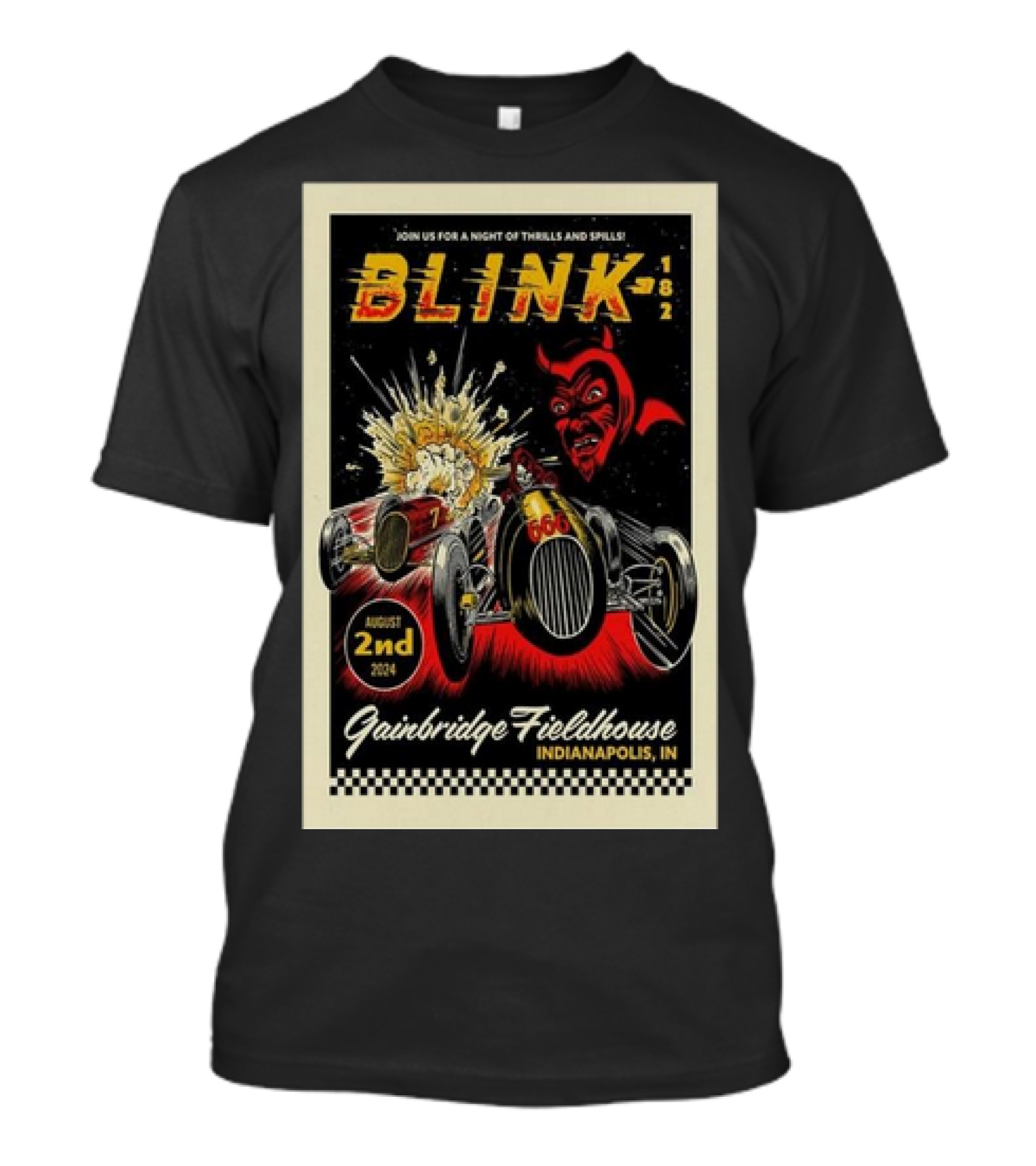 Blink-182 Gainbridge Fieldhouse Indianapolis August 2nd 2024 Thrills And Spills Race Devil Car Explosion T-Shirt