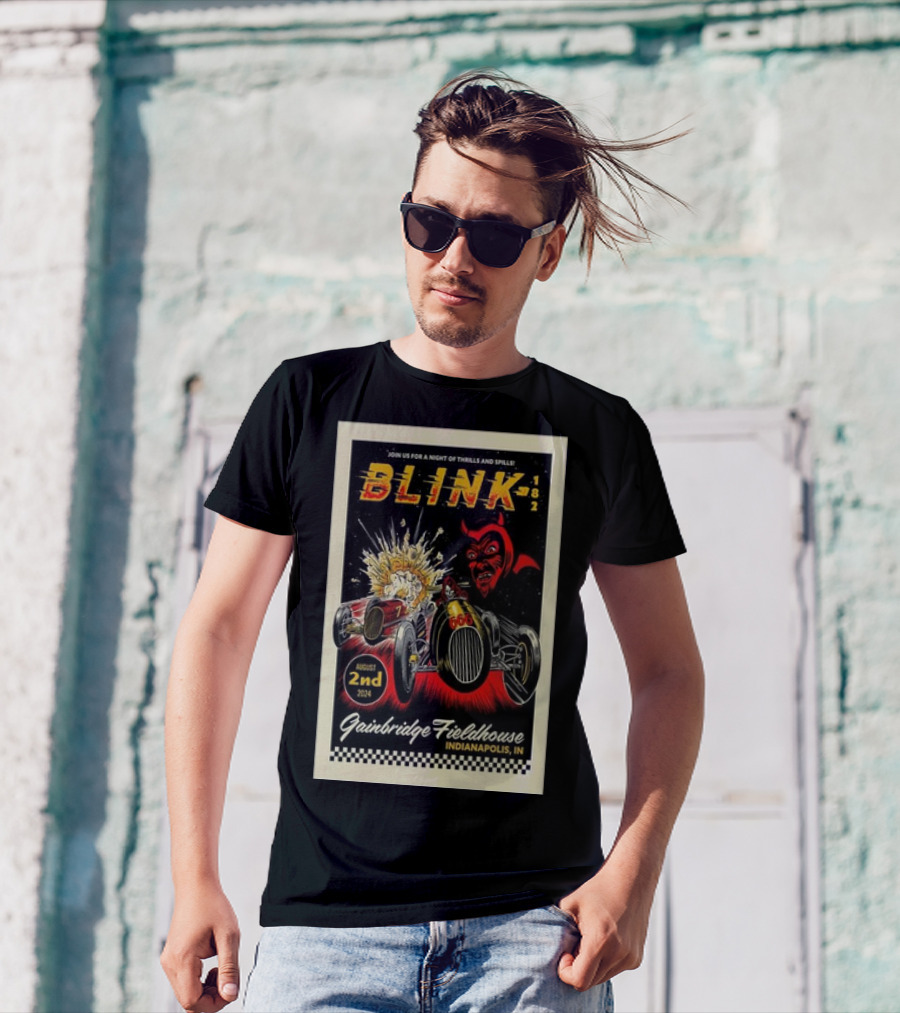 Blink-182 Gainbridge Fieldhouse Indianapolis August 2nd 2024 Thrills And Spills Race Devil Car Explosion T-Shirt
