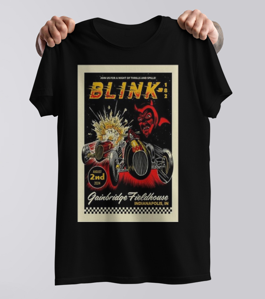 Blink-182 Gainbridge Fieldhouse Indianapolis August 2nd 2024 Thrills And Spills Race Devil Car Explosion T-Shirt