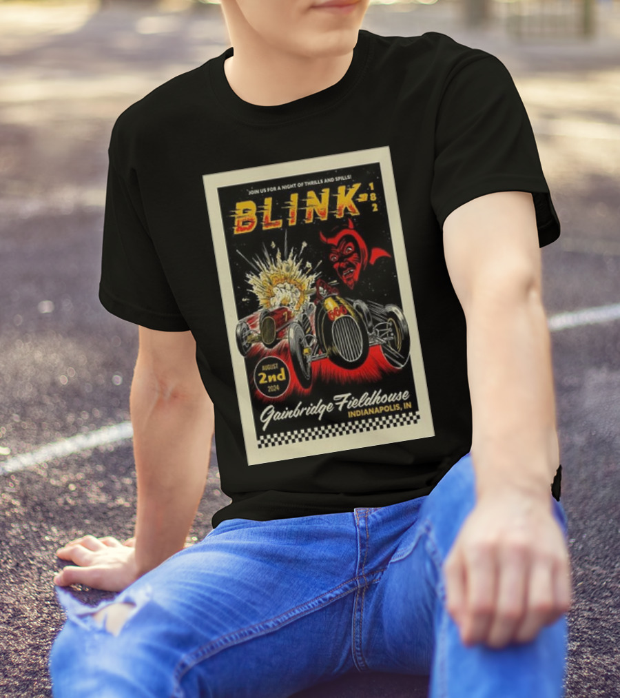 Blink-182 Gainbridge Fieldhouse Indianapolis August 2nd 2024 Thrills And Spills Race Devil Car Explosion T-Shirt