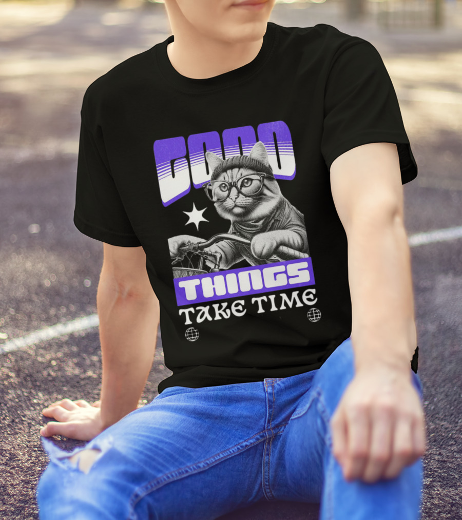Good Things Take Time Cat In Glasses With Bicycle T-Shirt