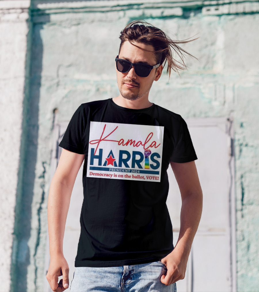 Kamala Harris President 2024 Democracy Is On The Ballot Vote Rainbow Fist T-Shirt