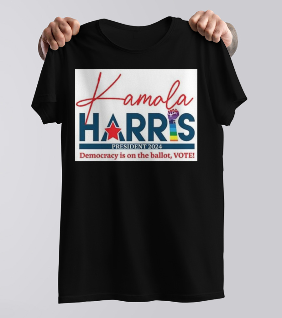 Kamala Harris President 2024 Democracy Is On The Ballot Vote Rainbow Fist T-Shirt