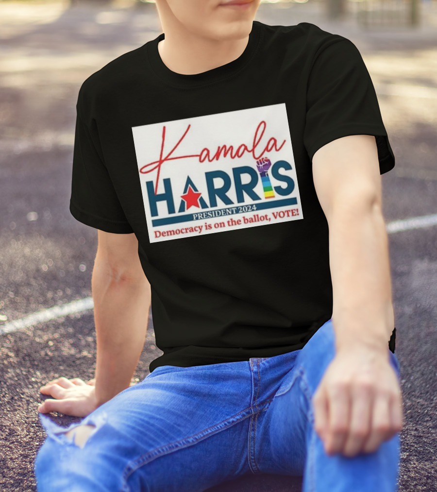 Kamala Harris President 2024 Democracy Is On The Ballot Vote Rainbow Fist T-Shirt