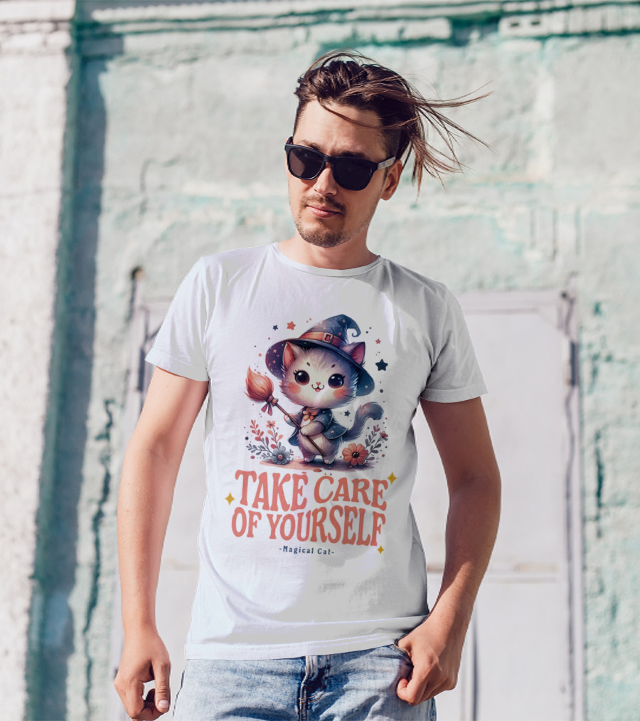 Take Care Of Yourself Magical Cat Wizard Hat Broomstick T-Shirt