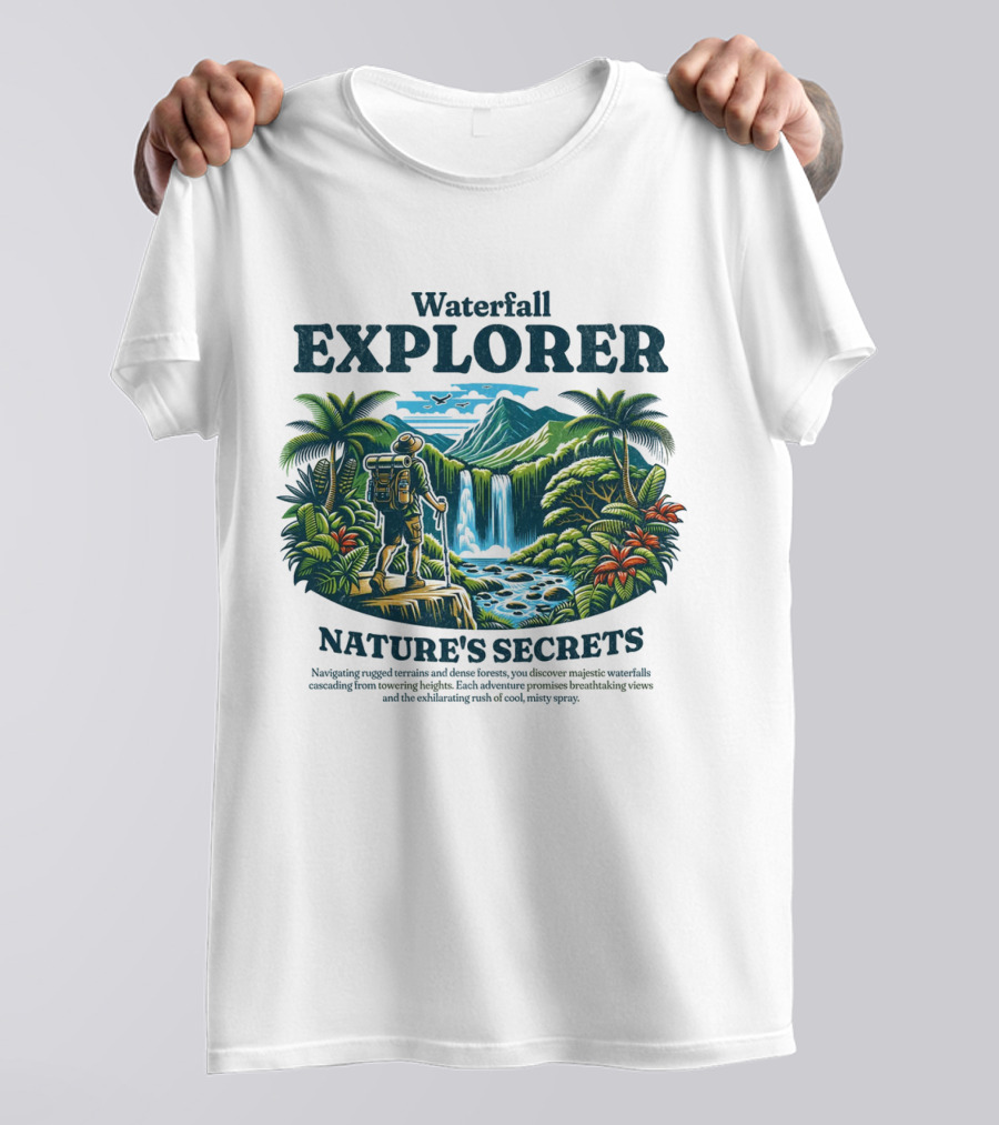 Waterfall Explorer Nature's Secrets Discover Majestic Flowing Heights Breathtaking Views T-Shirt