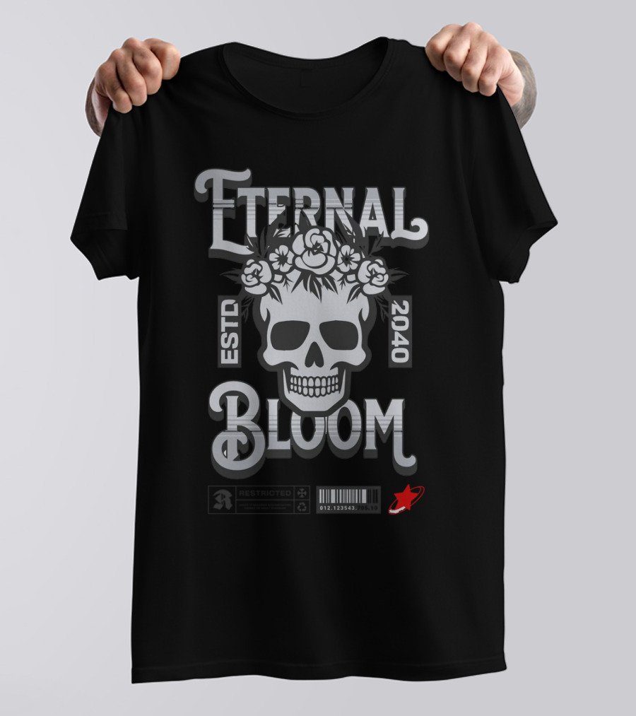 ETERNAL BLOOM ESTD 2040 Skull Roses Barcode Red Rocket T-Shirt