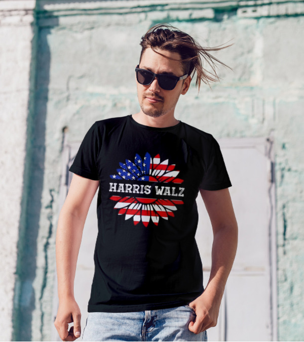 Harris Walz 2024 Sunflower American Flag Vintage USA T-Shirt