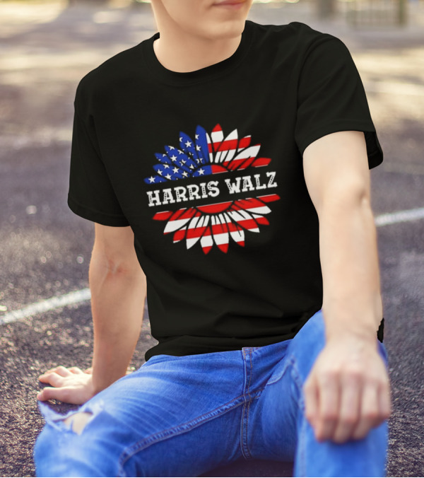 Harris Walz 2024 Sunflower American Flag Vintage USA T-Shirt