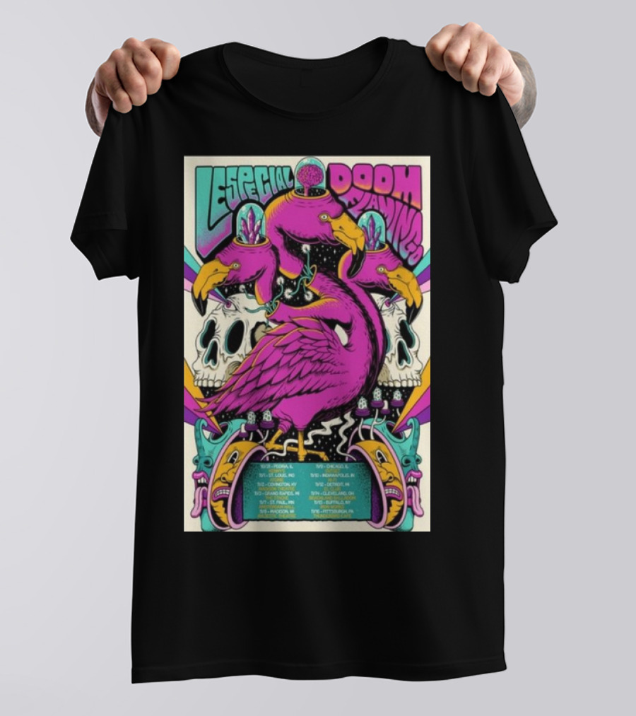 Lespecial X Doom Flamingo 24 Tour Flamingo Skull Neon Poster Dates T-Shirt