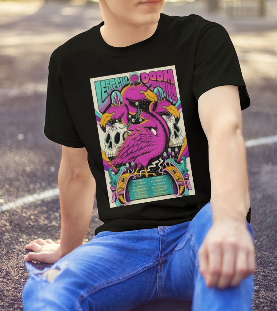 Lespecial X Doom Flamingo 24 Tour Flamingo Skull Neon Poster Dates T-Shirt