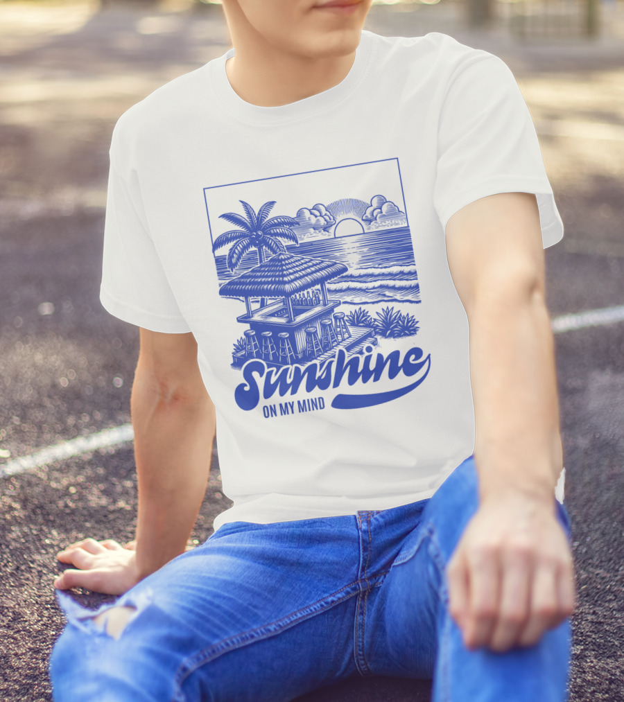 Sunshine On My Mind Vintage Beach Hut And Sunset Scene T-Shirt