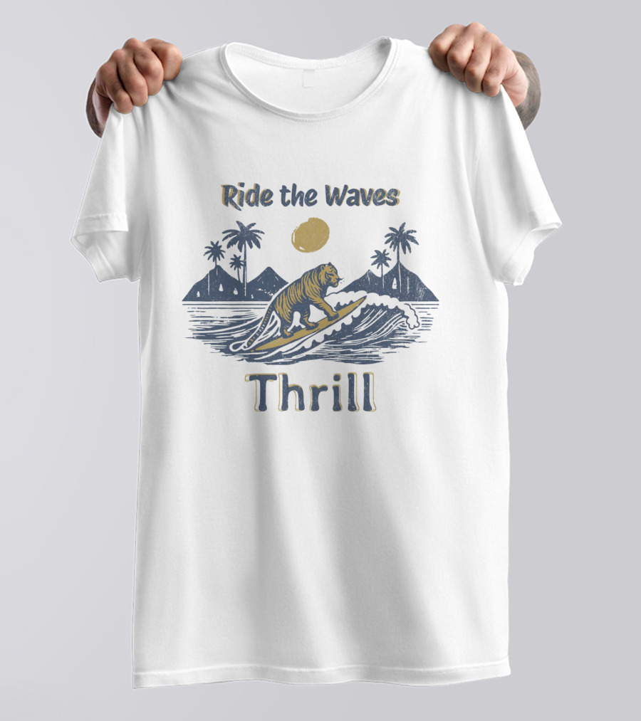 Ride The Waves Thrill Tiger Surf Moon Palms T-Shirt
