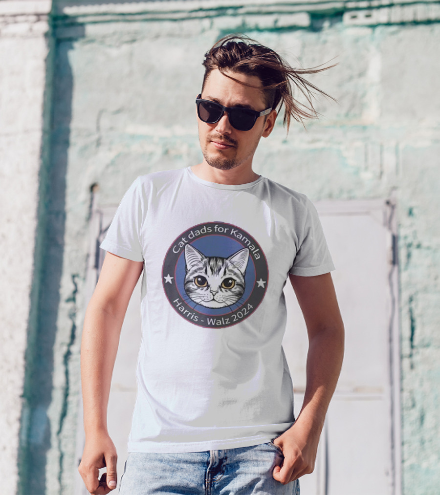 Cat Dads For Kamala Harris Walz 2024 Cat Face And Stars Circular Badge T-Shirt