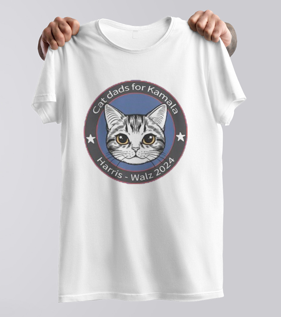 Cat Dads For Kamala Harris Walz 2024 Cat Face And Stars Circular Badge T-Shirt