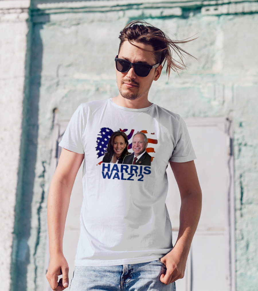 Harris Walz 2024 Democrat Rally American Flag Background T-Shirt
