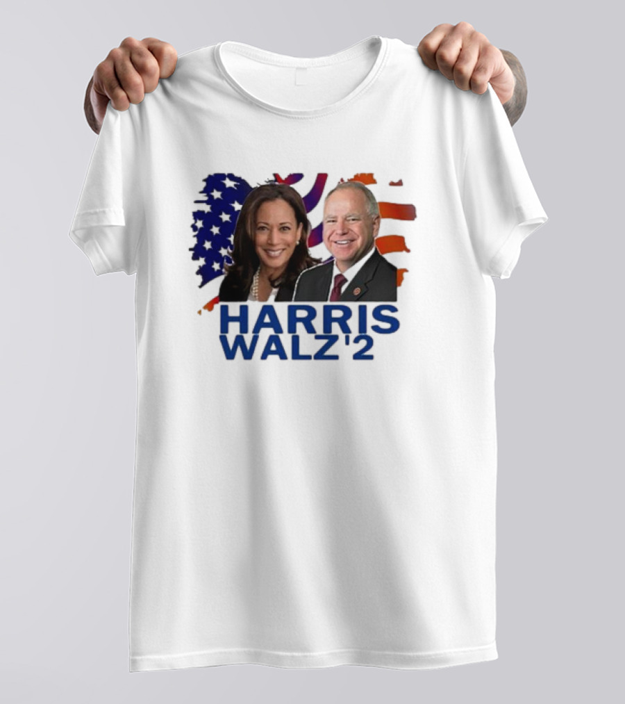 Harris Walz 2024 Democrat Rally American Flag Background T-Shirt